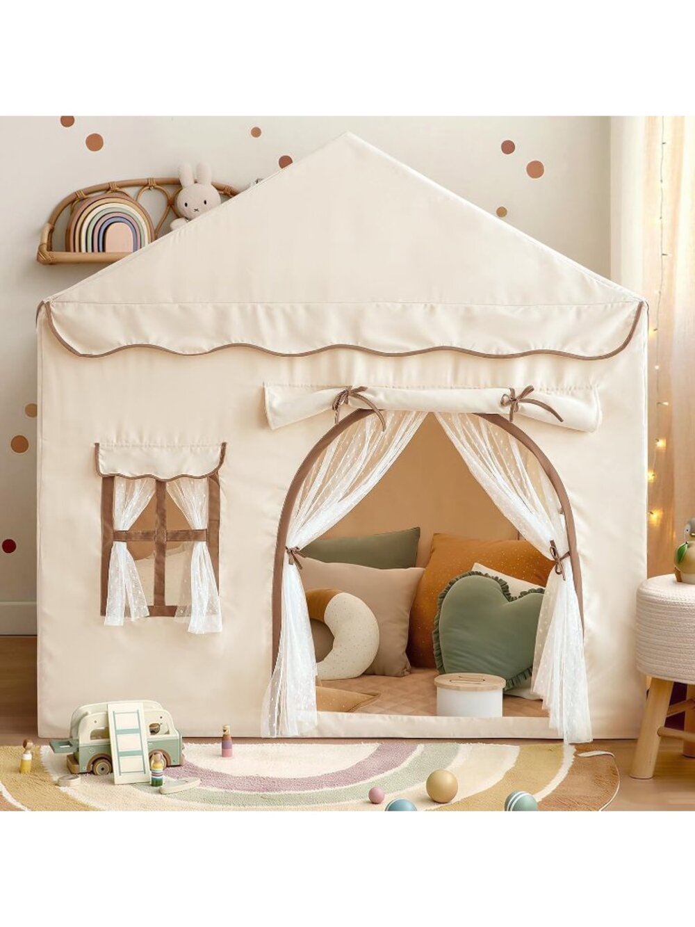Kids Play Tent Beige with Double Door Playhouse Tents Christmas House Gift